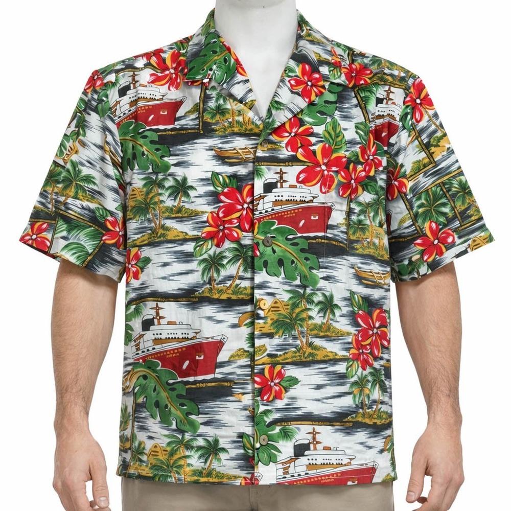 Royal Creations Hawaiian Aloha Shirt XL Cruise Ships Outrigger Boats Floral